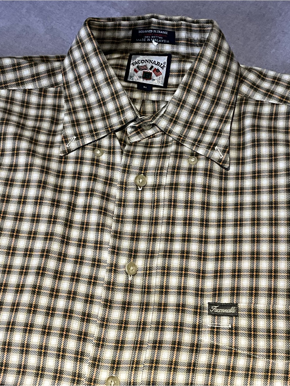 Faconnable Dark Green and Orange Plaid Button-Down Shirt